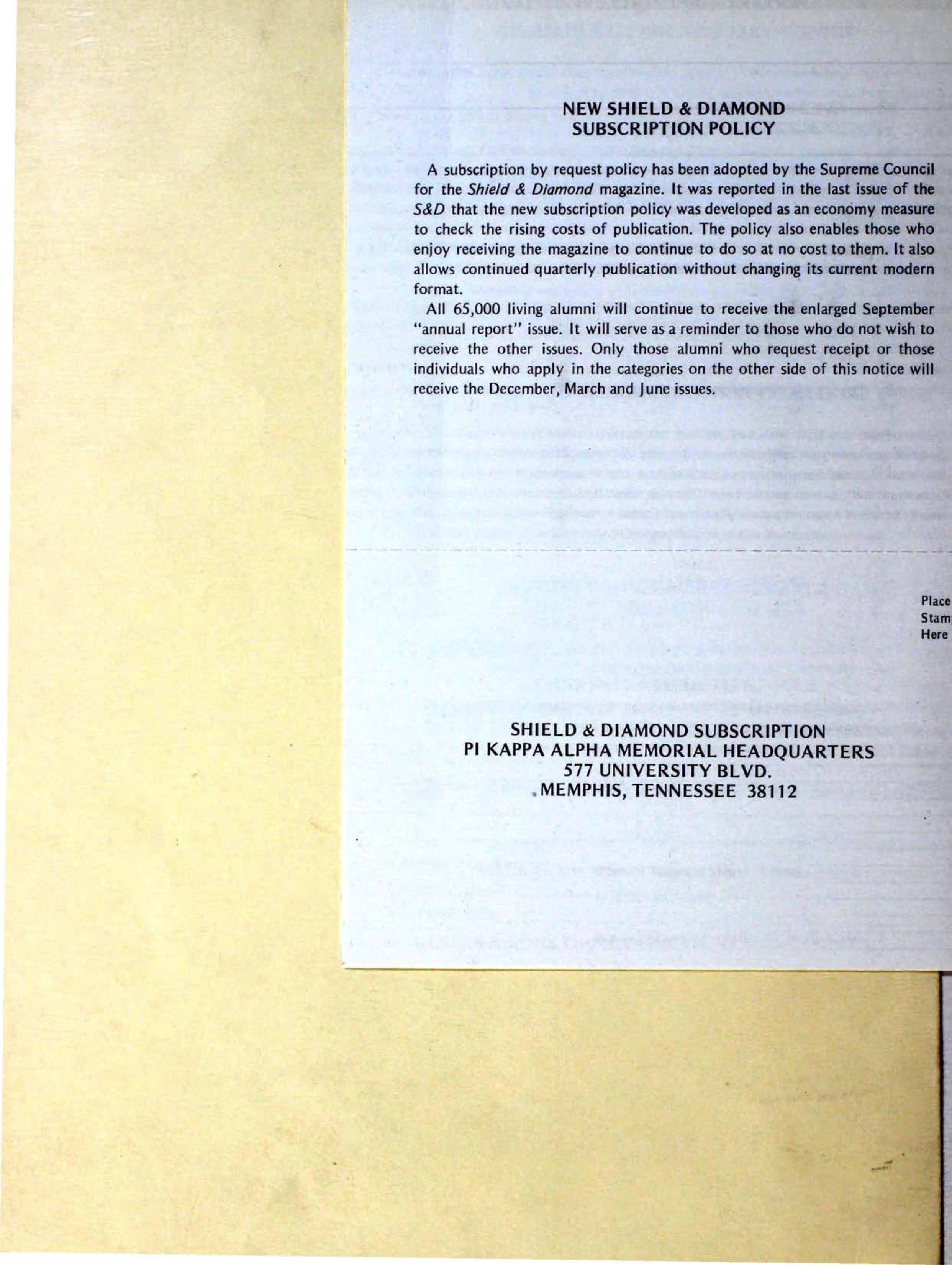 New Shield & Diamond Subscription Policy, June 1972